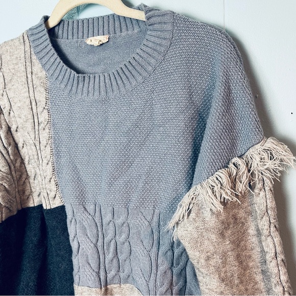 Patchwork Color Block Crew Sweater Sz Large Fringe Cable Knit Chunky Blue Gray - Picture 3 of 10